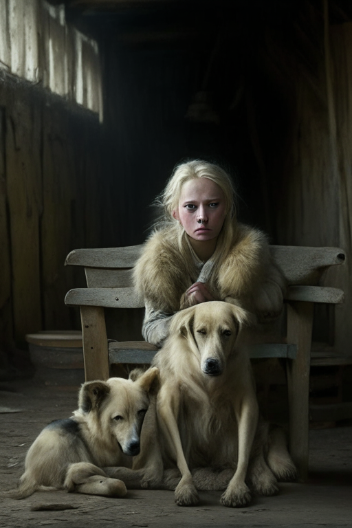 A short blond girl who resembles Oxana Malaya with a tired face is sitting on a chair in an old barn surrounded by a pack of wild dogs.