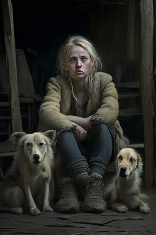 A short blond girl who resembles Oxana Malaya with a tired face is sitting on a chair in an old barn surrounded by a pack of wild dogs.