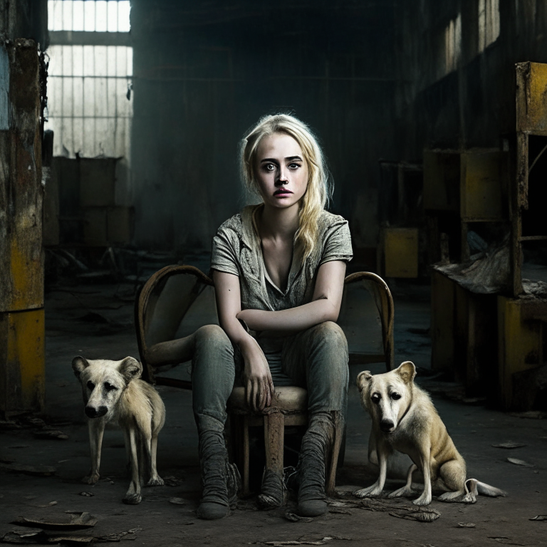 A short blonde girl who resembles Oxana Malaya with a tired face, sparkling eyes, sitting on a chair in an old warehouse, surrounded by a pack of wild dogs.