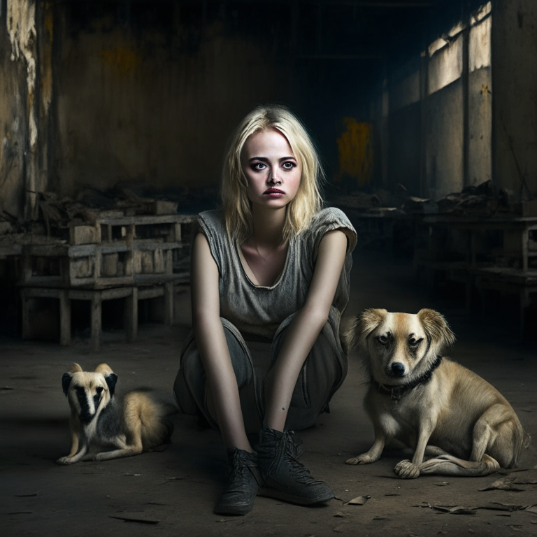 A short blonde girl who resembles Oxana Malaya with a tired face, sparkling eyes, sitting on a chair in an old warehouse, surrounded by a pack of wild dogs.