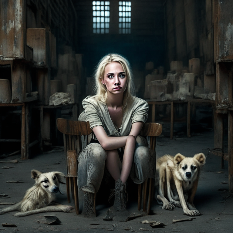 A short blonde girl who resembles Oxana Malaya with a tired face, sparkling eyes, sitting on a chair in an old warehouse, surrounded by a pack of wild dogs.