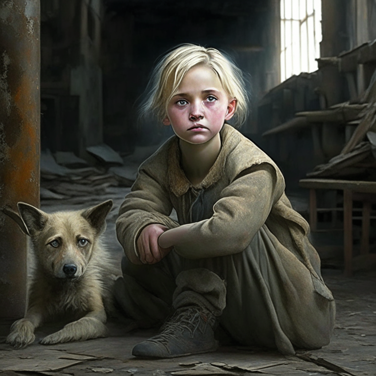 A young girl with short, blond hair resembling Oxana Malaya, had a weary expression on her face. Her eyes sparkled as she sat on a chair inside an old warehouse, surrounded by a pack of wild dogs.