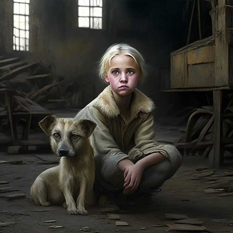 A young girl with short, blond hair resembling Oxana Malaya, had a weary expression on her face. Her eyes sparkled as she sat on a chair inside an old warehouse, surrounded by a pack of wild dogs.