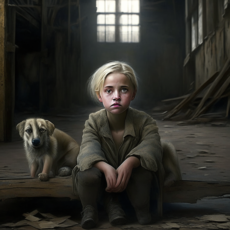 A young girl with short, blond hair resembling Oxana Malaya, had a weary expression on her face. Her eyes sparkled as she sat on a chair inside an old warehouse, surrounded by a pack of wild dogs.