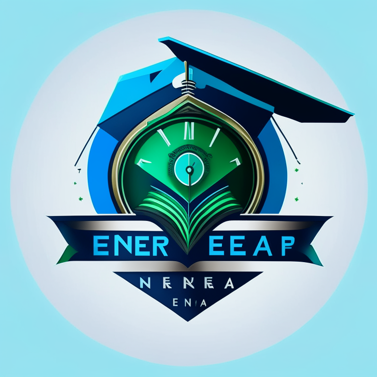 A modern and sleek logo for New Era with an open book, graduation cap, and clock to represent knowledge, education, and progress. The stylized lettering is balanced and symmetrical with blue and green colors for a modern feel.