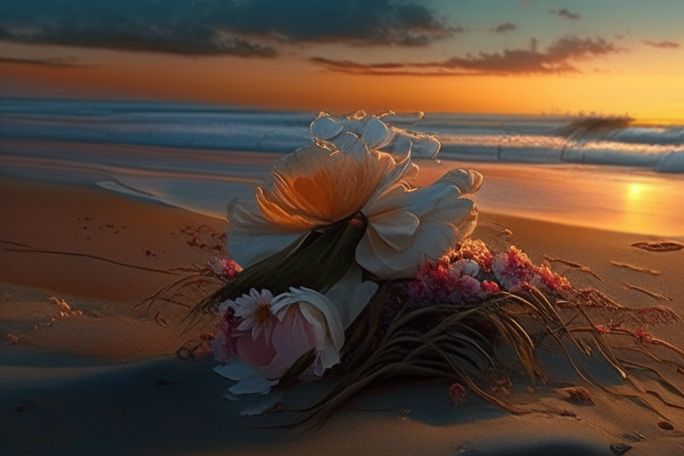 un ramo de flores en la playa al amanecer