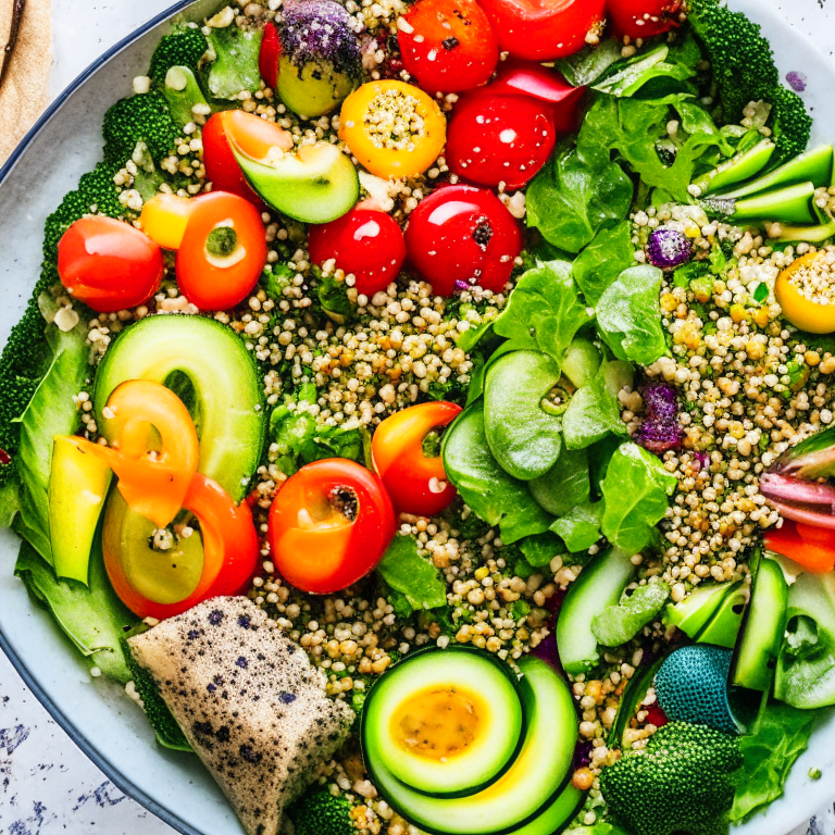 A top-down view of a colorful salad with mixed greens, cherry tomatoes, sliced cucumbers, and avocado, all drizzled with a lemon and olive oil dressing. A top-down view of a bowl of quinoa with roasted vegetables, including bell peppers, zucchini, and eggplant, topped with a sprinkle of fresh herbs. A top-down view of a plate of baked sweet potato fries, seasoned with paprika and served with a side of homemade guacamole. A top-down view of a bowl of fresh fruit salad, including sliced strawberries, blueberries, and kiwi, topped with a dollop of coconut cream. A top-down view of a bowl of vegetable soup, including carrots, celery, and kale, simmering in a flavorful broth.