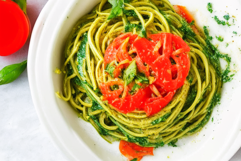 A top-down view of a plate of zucchini noodles with a tomato and basil sauce, topped with a sprinkle of nutritional yeast and fresh herbs.