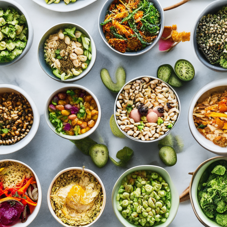 many bowls containing alkaline diet recipes shot from the top