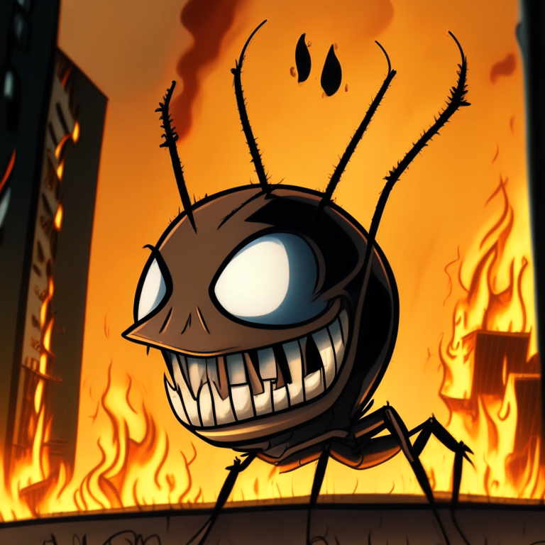 A close up of a hard lined cartoon carpenter ants head with a reflection of a large building burning down in it's eyes. The ant lifts up a gas can in frame while producing a devilish smile, setting the can down out of frame and walking away to seeing burning flames reflecting on it's back. 