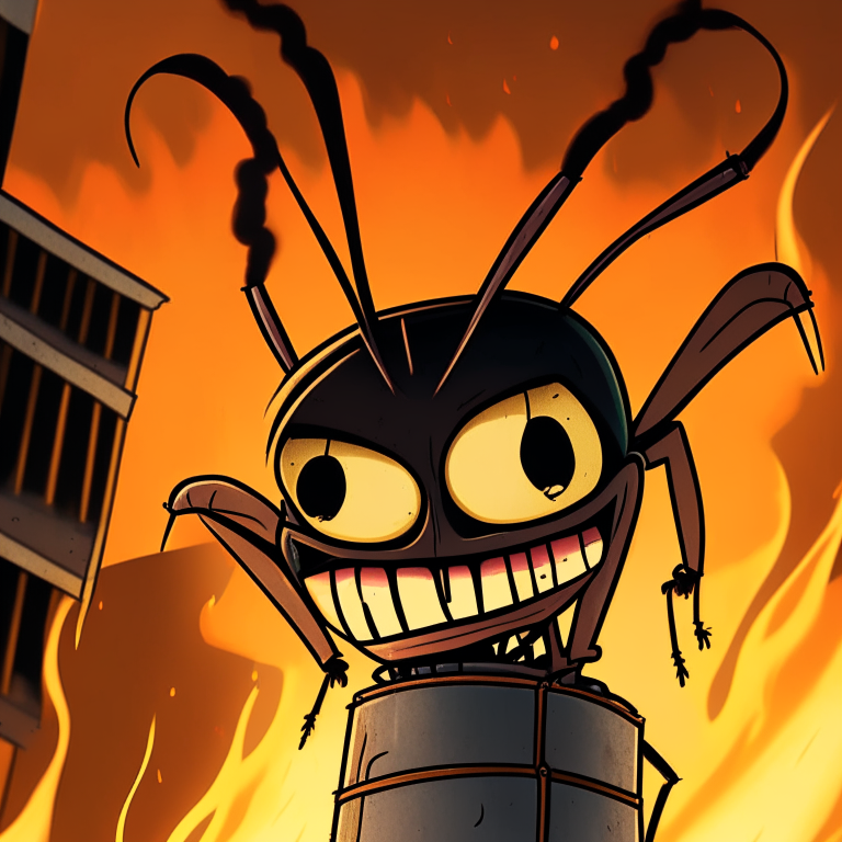 A close up of a hard lined cartoon carpenter ants head with a reflection of a large building burning down in it's eyes. The ant lifts up a gas can in frame while producing a devilish smile, setting the can down out of frame and walking away to seeing burning flames reflecting on it's back. 