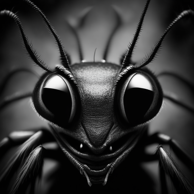A close up of a dark noir black and white ants head with large eyes and a devilish smile. 