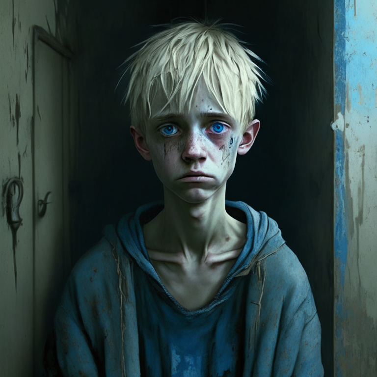 a thin, sickly boy, with short blond hair, blue eyes, a sad face. Wearing tattered clothes, locked in a room without enough food and water