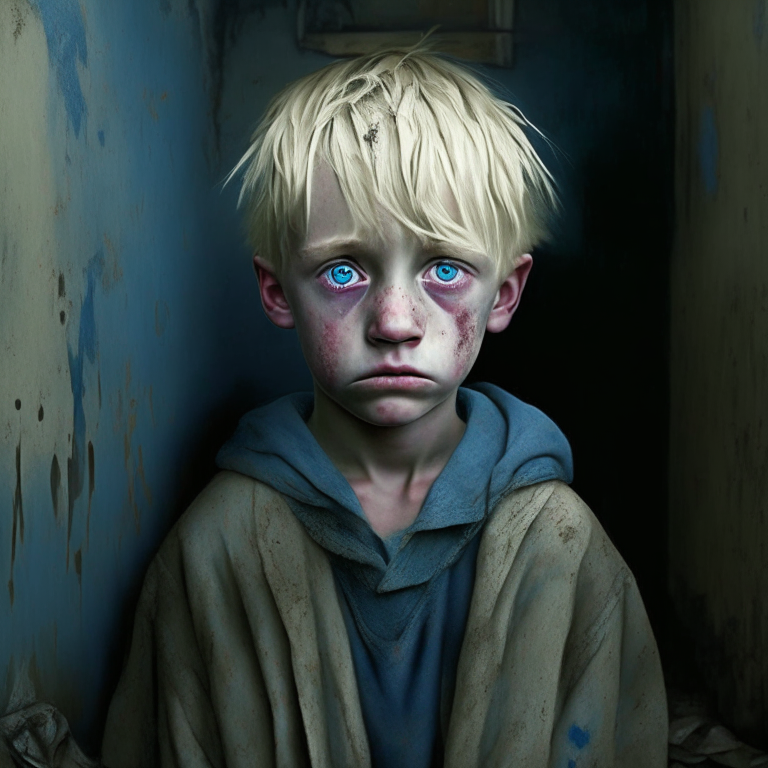 a thin, sickly boy, 6 year old, with short blond hair, blue eyes, a sad face. Wearing tattered clothes, locked in a room without enough food and water