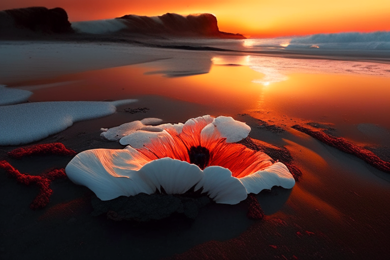 Flores saliendo de un río de lava en una playa de arena blanca al amanecer