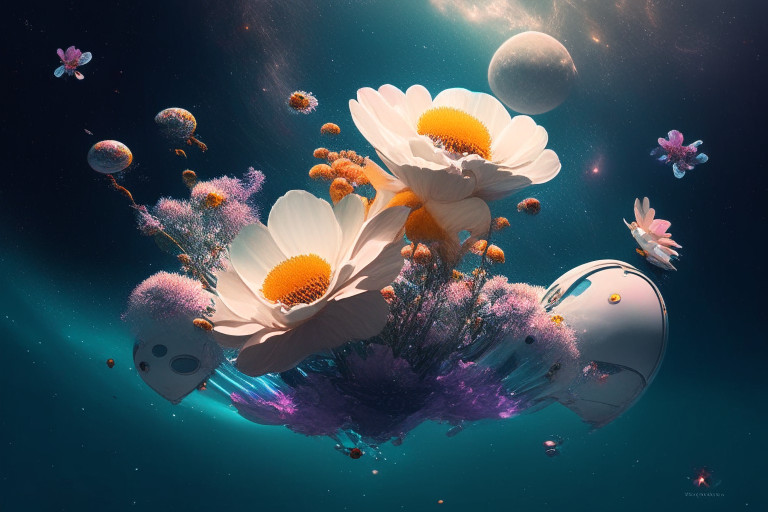 Flores flotando en el espacio con planetas chocando