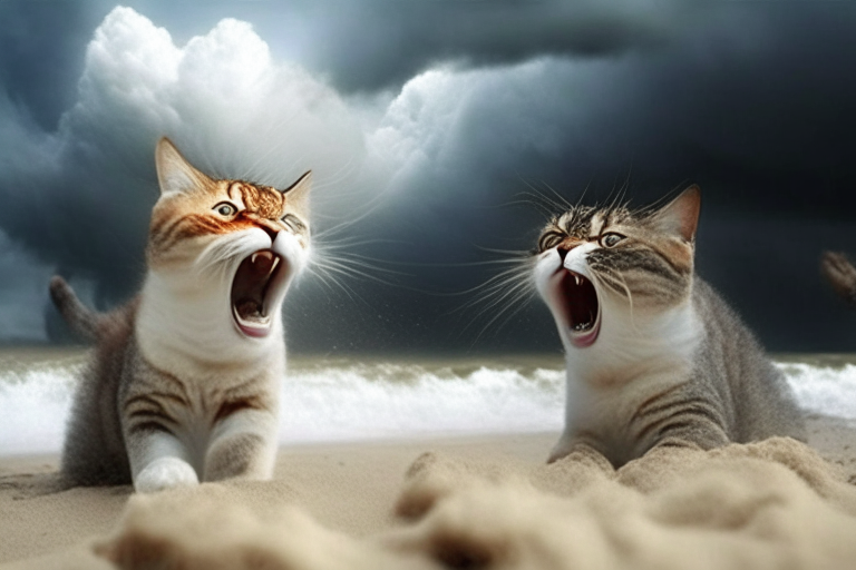 Dos gatos persas enseñando los dientes muy enfadados en la playa con nubes de tormenta