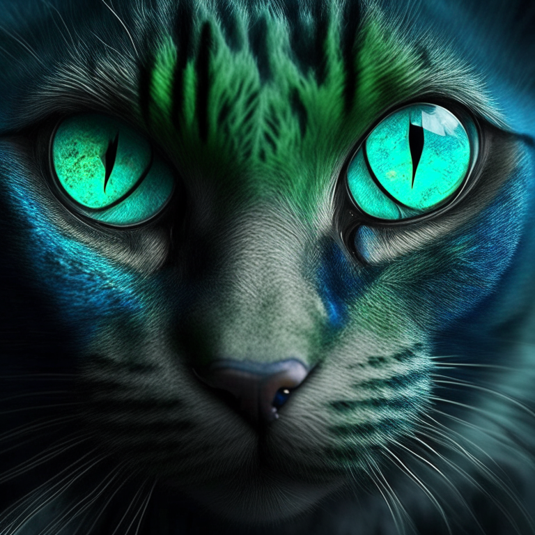 Un gato azul con ojos verdes y dientes muy largos