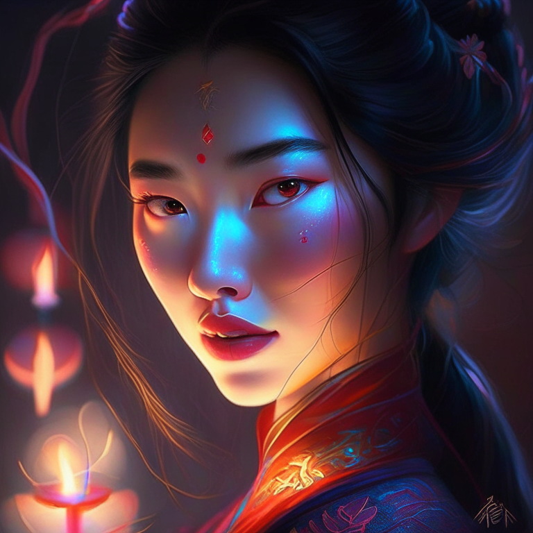Amazing georgeous beautiful magic princess Mulan human, nice lights hard detail