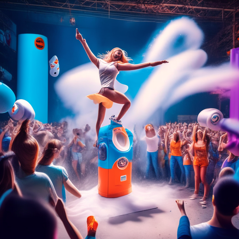 A bouncy female vacuum cleaner dancing on a pole on stage while a crowd of washing machines throw Tide pods on stage