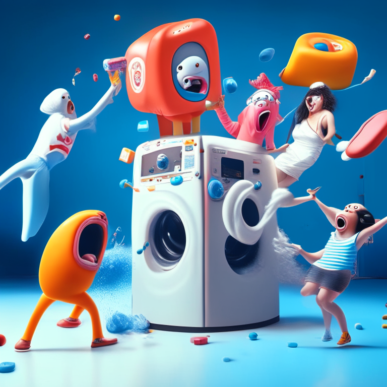 A bouncy female vacuum cleaner character on stage dancing on a pole while a group of washing machines characters throw Tide pods at her