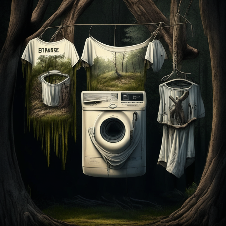 A trio of washing machines with hunting rifles shooting t-shirts hanging from trees on hangers