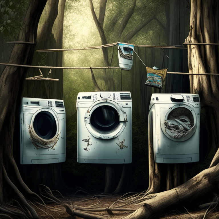 A trio of washing machines with hunting rifles shooting t-shirts hanging from trees on hangers