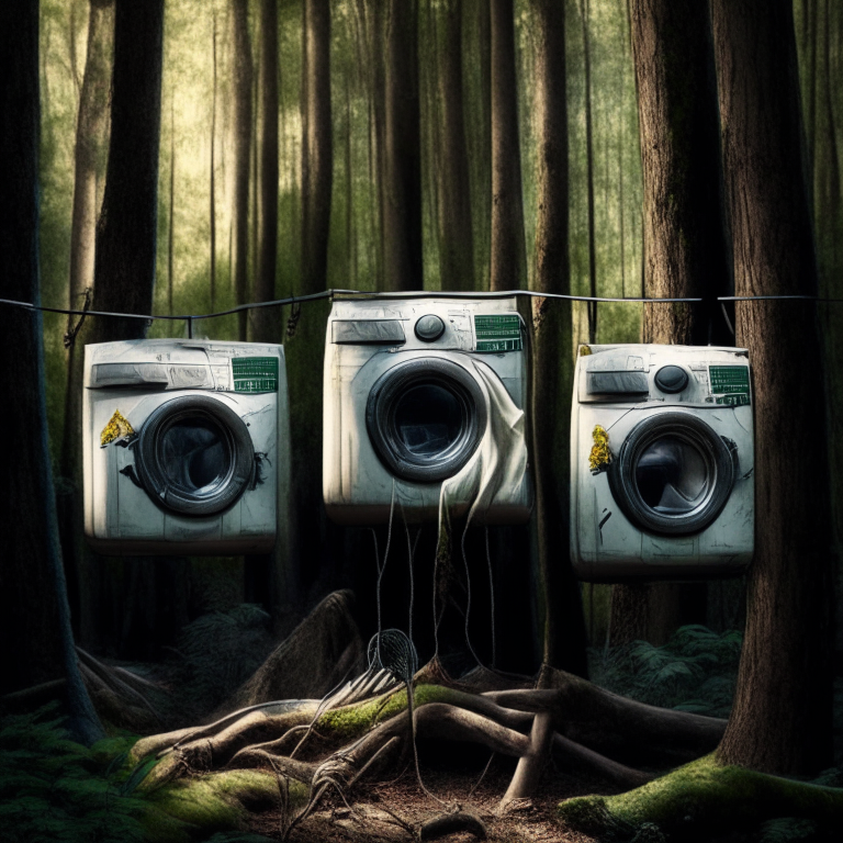 A trio of washing machines with hunting rifles hunting t-shirts hanging from trees on clothes hangers in the woods