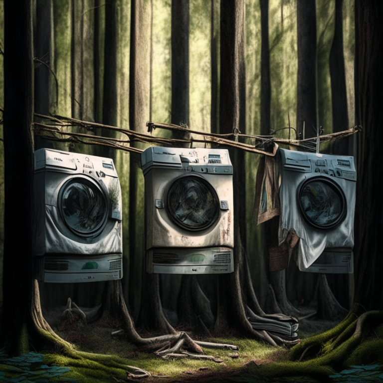 A trio of washing machines with hunting rifles hunting t-shirts hanging from trees on clothes hangers in the woods