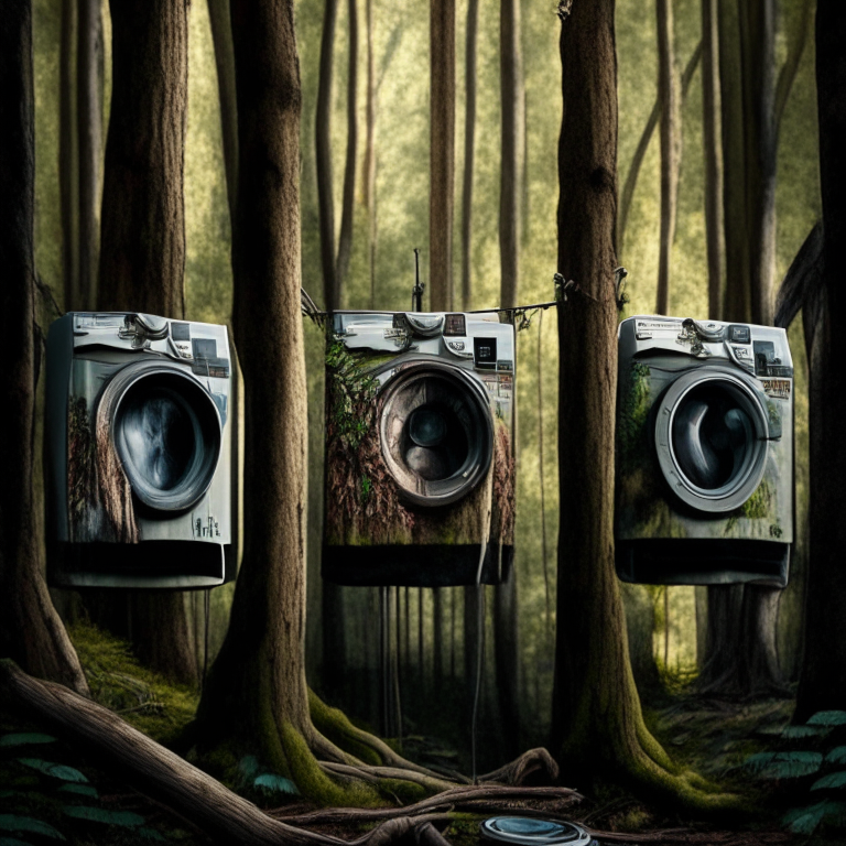 A trio of washing machines with hunting rifles hunting t-shirts hanging from trees on clothes hangers in the woods
