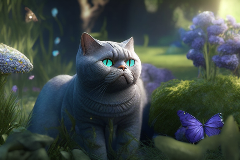 An evil British Shorthair in the garden with fairies and dragons, octane render, 4k