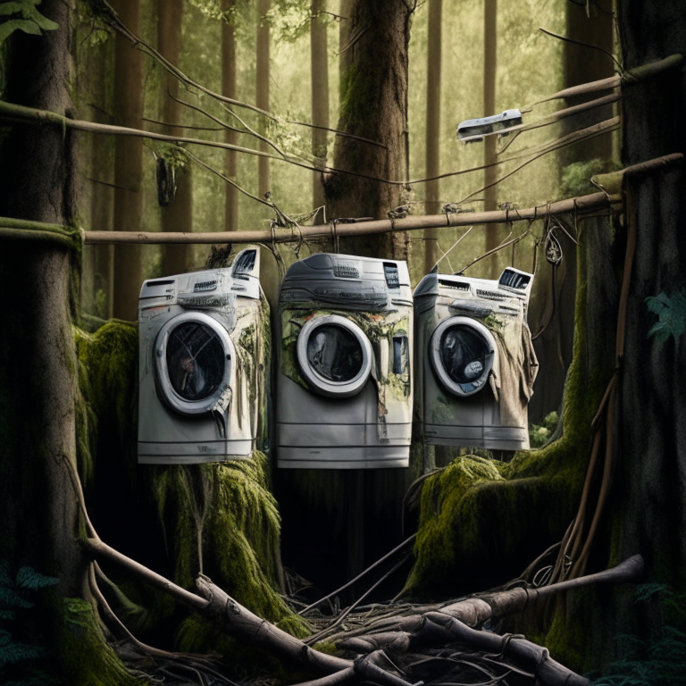 A trio of washing machines dressed in hunting gear armed with rifles. The washing machines are sneaking up on a group of Tshirts on clothing hangers hanging from branches   high up in the trees in a forest. 