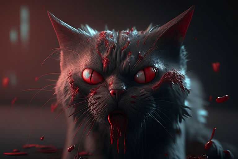 A scary cat with blood on its fur, octane render, 4k