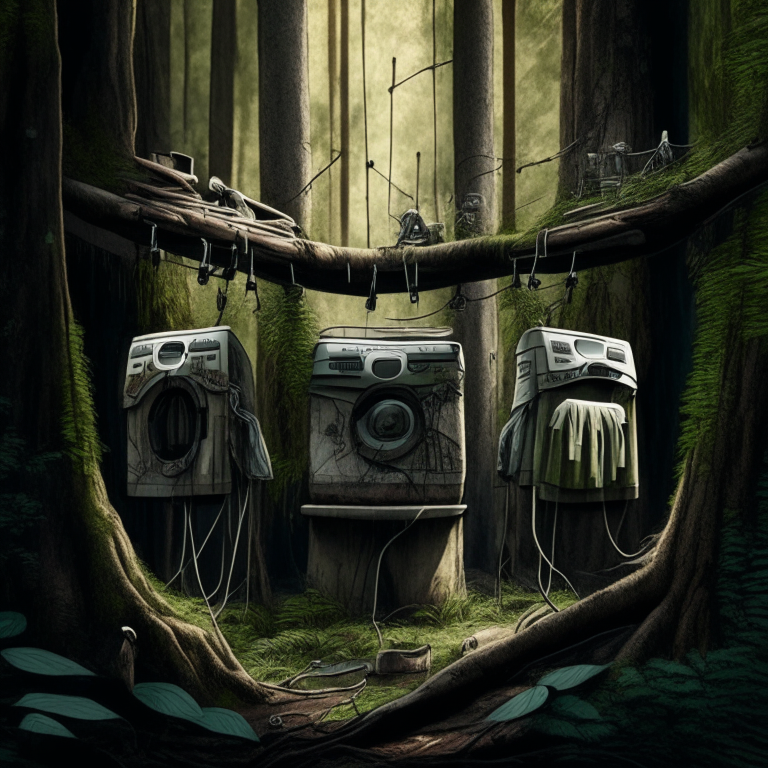 A trio of washing machines dressed in hunting gear armed with rifles. The washing machines are on the ground sneaking up on a group of Tshirts. The Tshirts are on clothing hangers which are hanging from branches high up in the trees in a forest. 