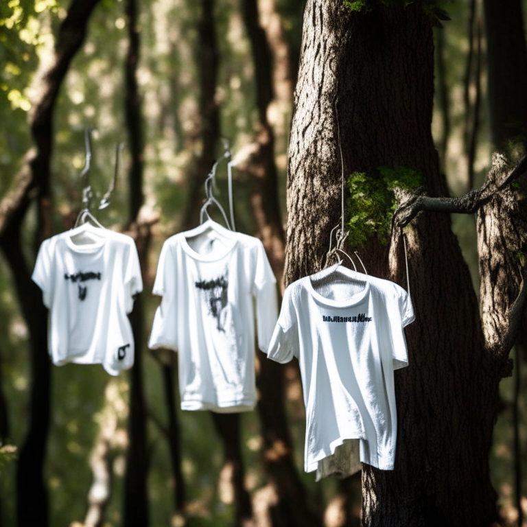 Tshirts on hangers hanging from branches on trees in the forest. 