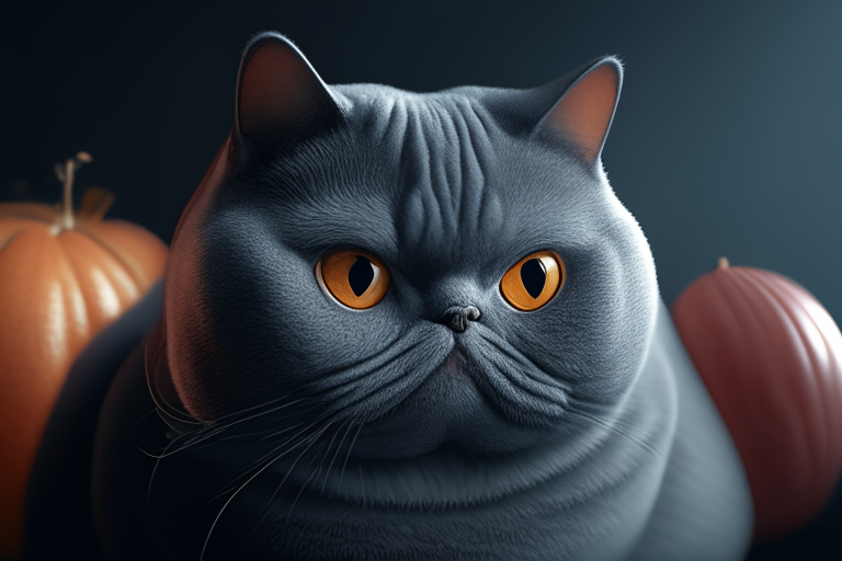 A British Shorthair with a pumpkin for Halloween, octane render, 4k