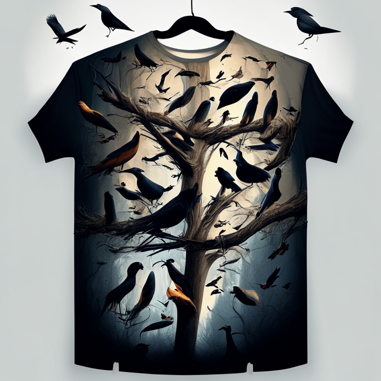 A large group of tshirts birds on hangers hanging from branches on trees up high in the forest. 