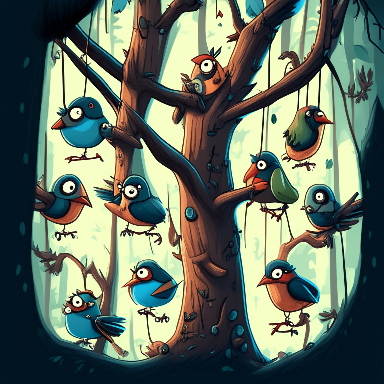 A flock of cartoon bird characters that look like tshirts on hangers hanging from branches on trees in the forest.