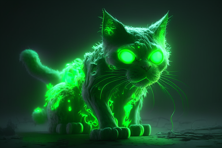 A zombie cat with a glowing green glow, in the style of editorial illustrations, octane render, 4k