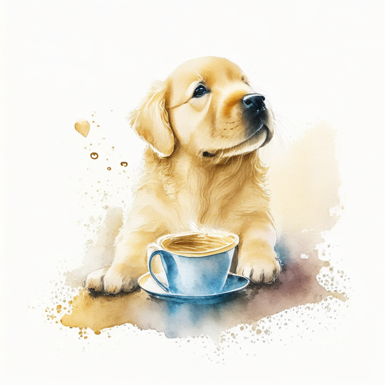 a Golden Retriever puppy drinking a latte with heart-shaped art, in a watercolor style