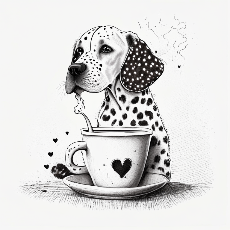 a Dalmatian puppy drinking a latte with heart-shaped art, in a sketch style