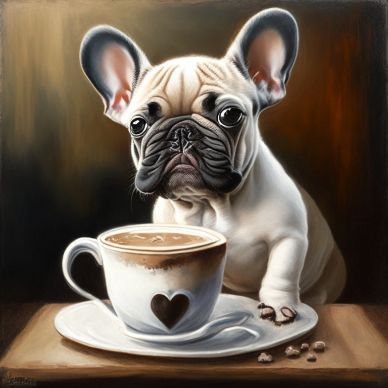 a French Bulldog puppy drinking a latte with heart-shaped art, in an oil painting style