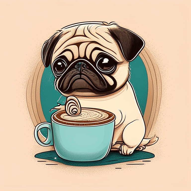 a Pug puppy drinking a latte with heart-shaped art, in a cartoon style