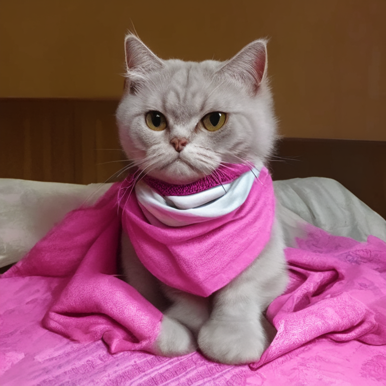 a Disney-style cat wearing a pink bandana sitting on a bed