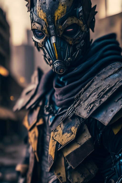 a hyper realistic ultra detailed photograph of a X-men at a dystopian city, tattered outfit with rusty metal armor plates, detailed symmetric, detailed mask, 30-megapixel, 4k, Canon EOS 5D Mark IV DSLR, 85mm lens, sharp focus, intricately detailed, long exposure time, f/8, ISO 100, shutter speed 1/125, diffuse back lighting, award winning photograph, facing camera, looking into camera, monovisions, perfect contrast, High sharpness, facial symmetry, depth of field, ultra-detailed photography, raytraced, global illumination, TanvirTamim, smooth, ultra high definition, 8k, unreal engine 5, ultra sharp focus, award-winning photograph, trending on artstation