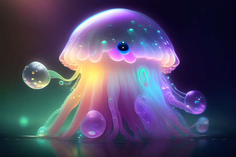 a cute, colorful alien jellyfish creature character concept that is iridescent, luminescent, photo realistic, and detailed
