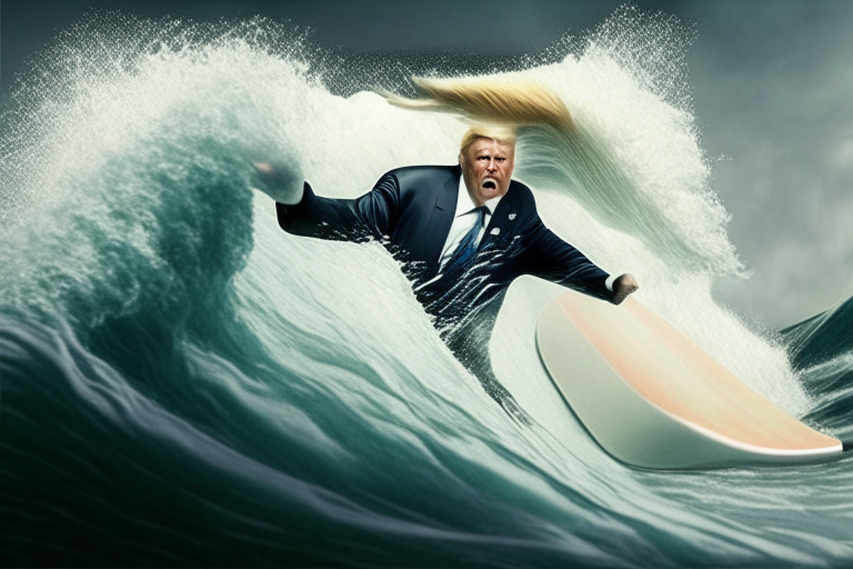 foto relastic donald trump is surfing on  wave