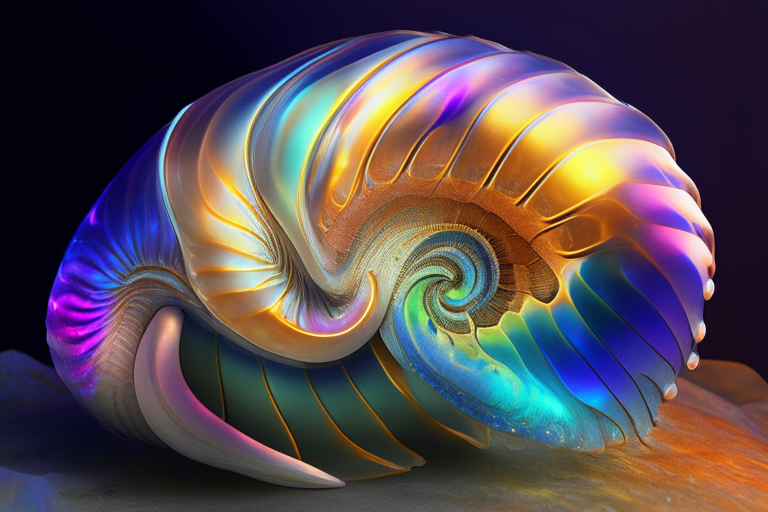 a colorful nautilus shell creature character concept that is iridescent, luminescent, photo realistic, and detailed