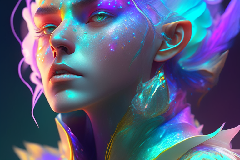 a colorful character concept that is iridescent, luminescent, photo realistic, and detailed