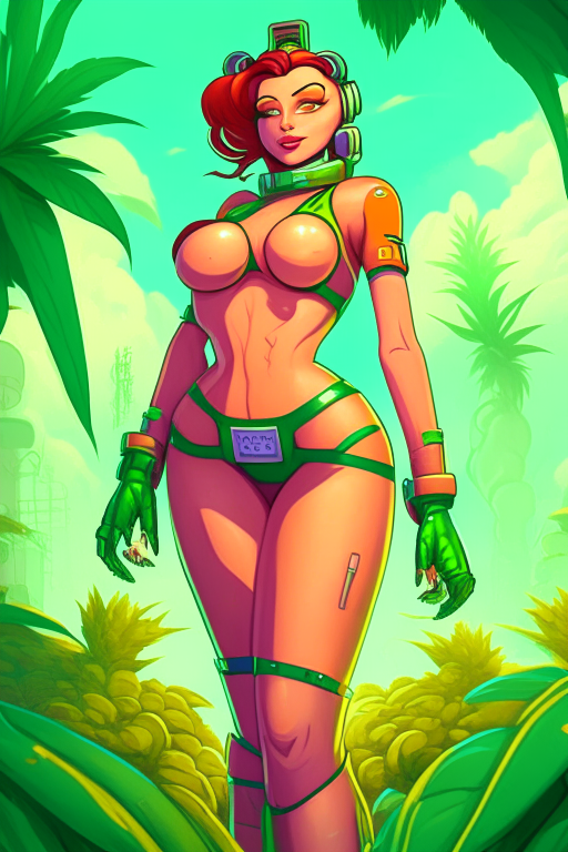 Generate a one of a kind Futurama artwork of a voluptuous female farmer wearing skimpy outfit growing cannabis plants in a futuristic world sometime in the year 3025